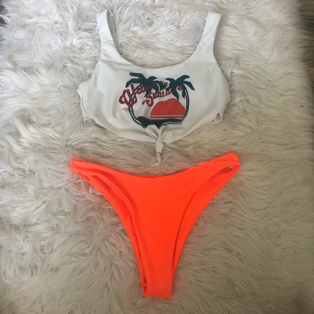 orange and white tropical bikini